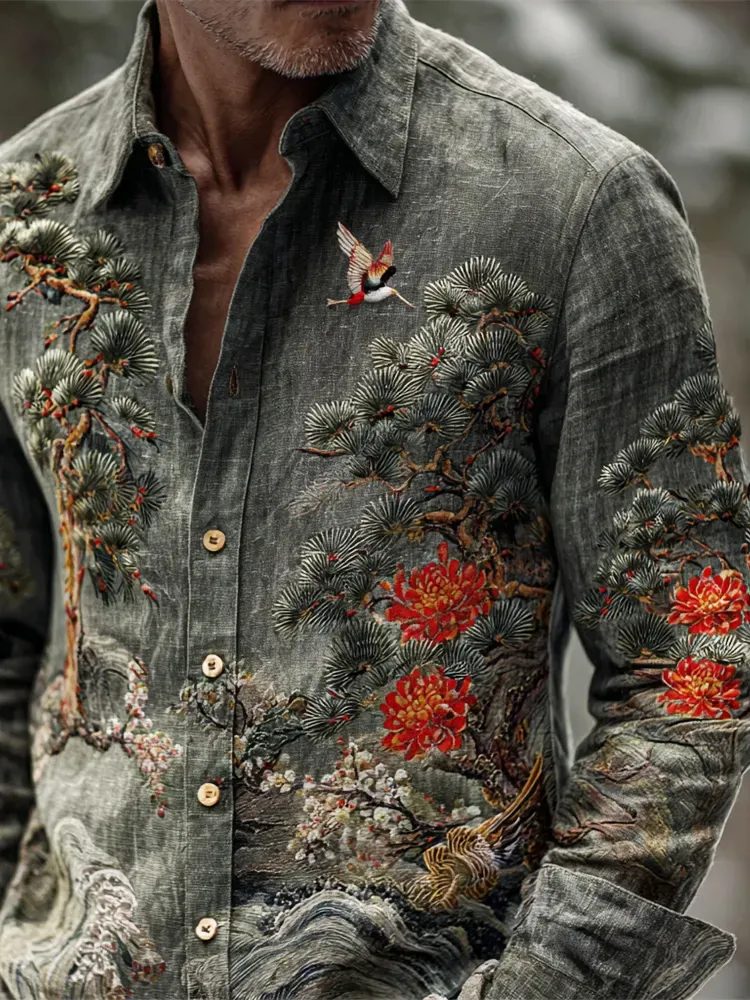 Japanese Pine & Chrysanthemum Embroidery Men's Long Sleeve Shirt - grey