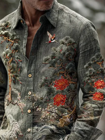 Japanese Pine & Chrysanthemum Embroidery Men's Long Sleeve Shirt - grey