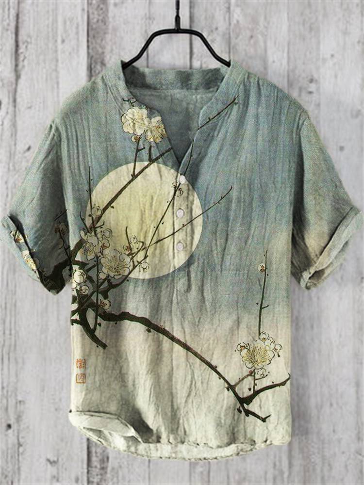 Plum Blossom Full Moon Night Gradient Japanese Art Linen Blend Shirt - Green