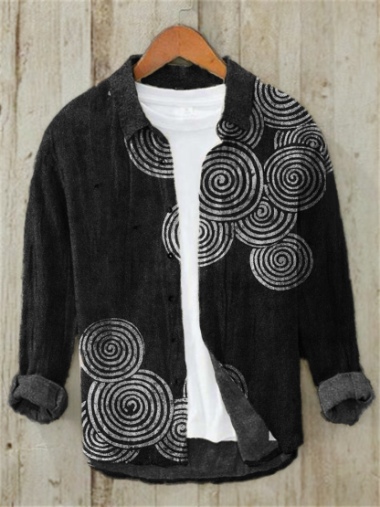 Sea Waves Ripples Japanese Lino Art Casual Shirt - Black