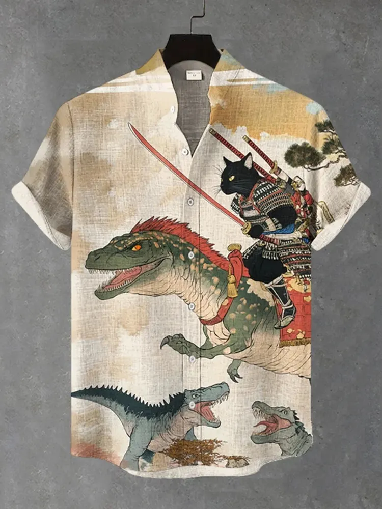Men's Warrior Cats Fight Dinosaurs Art Print Casual Shirt - Khaki