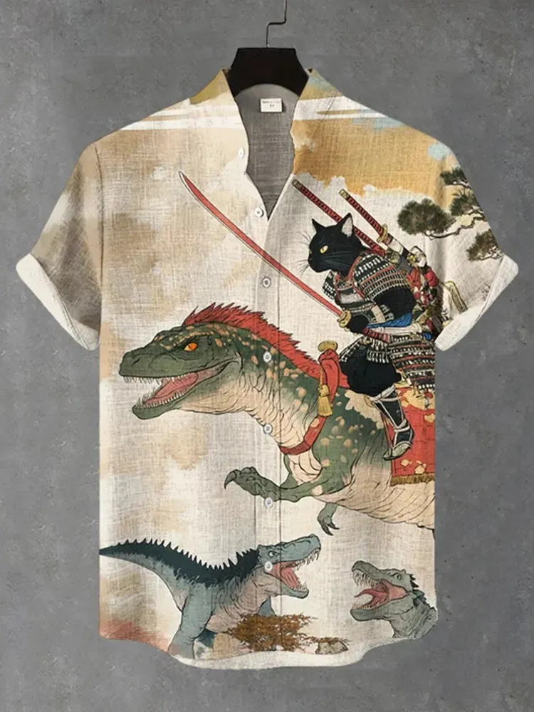 Men's Warrior Cats Fight Dinosaurs Art Print Casual Shirt - Khaki