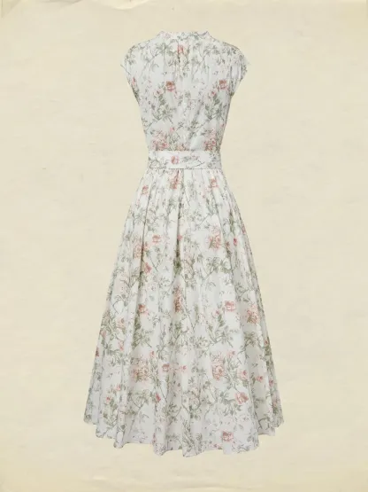 Midi Cotton Dress, Cap Sleeves, Round Neck, Floral, Belt Design, Vintage, Apricot - Apricot
