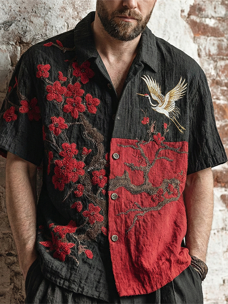 Men's Japanese Cherry Blossom And Crane Pattern Short Sleeve Shirt - Black red