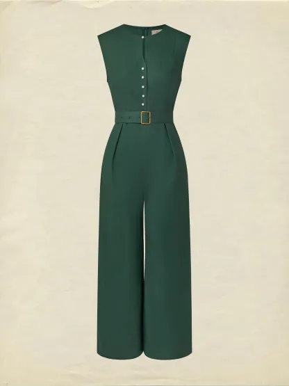 Linen Jumpsuit , Sleeveless, V Neck, Plain, Button Design, Vintage, Green - Green