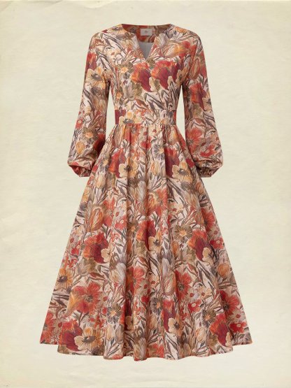 Midi Linen Dress, Long Sleeves, V Neck, Floral, Pocket Design, Vacation, Vintage, Yellow Brown - Yellow Brown