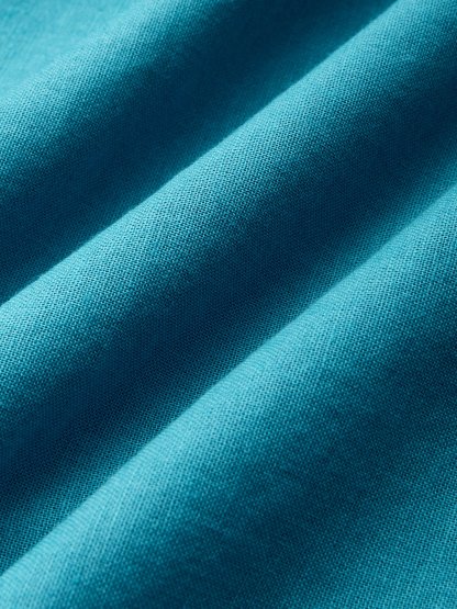 Midi Linen Dress , Half Sleeve, Shawl Collar, Plain, Belt Design, Vintage, Cyan - Cyan