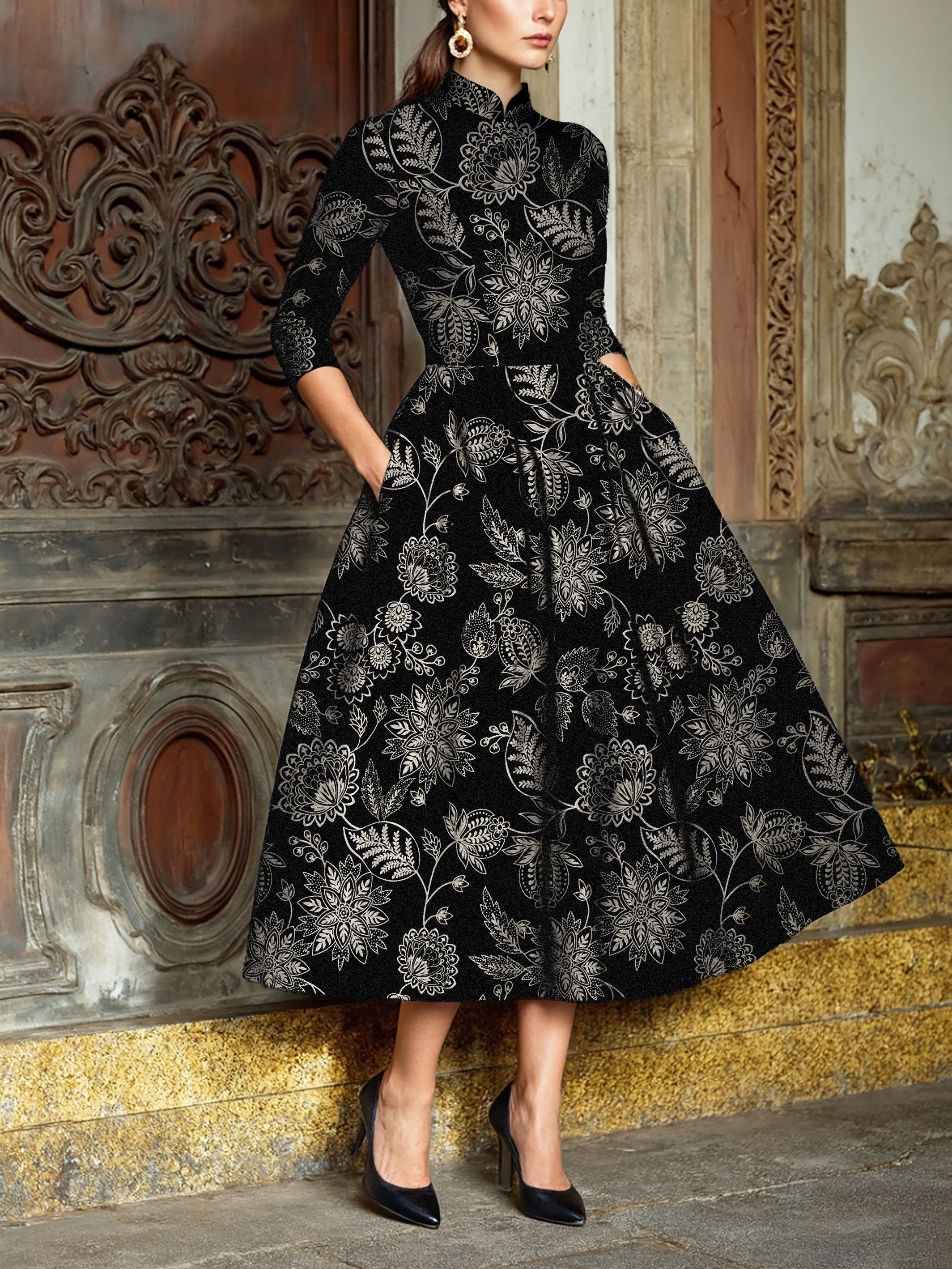 Midi Linen Dress, Half Sleeve, Stand Collar, Paisley, Floral, Pocket Design, Vintage, Black - Black