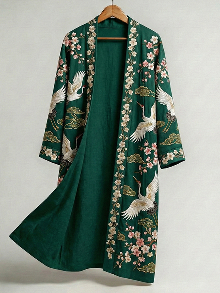 Men's Retro Crane Art Print Linen Long Kimono - Green