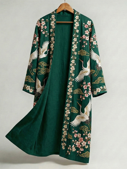 Men's Retro Crane Art Print Linen Long Kimono - Green