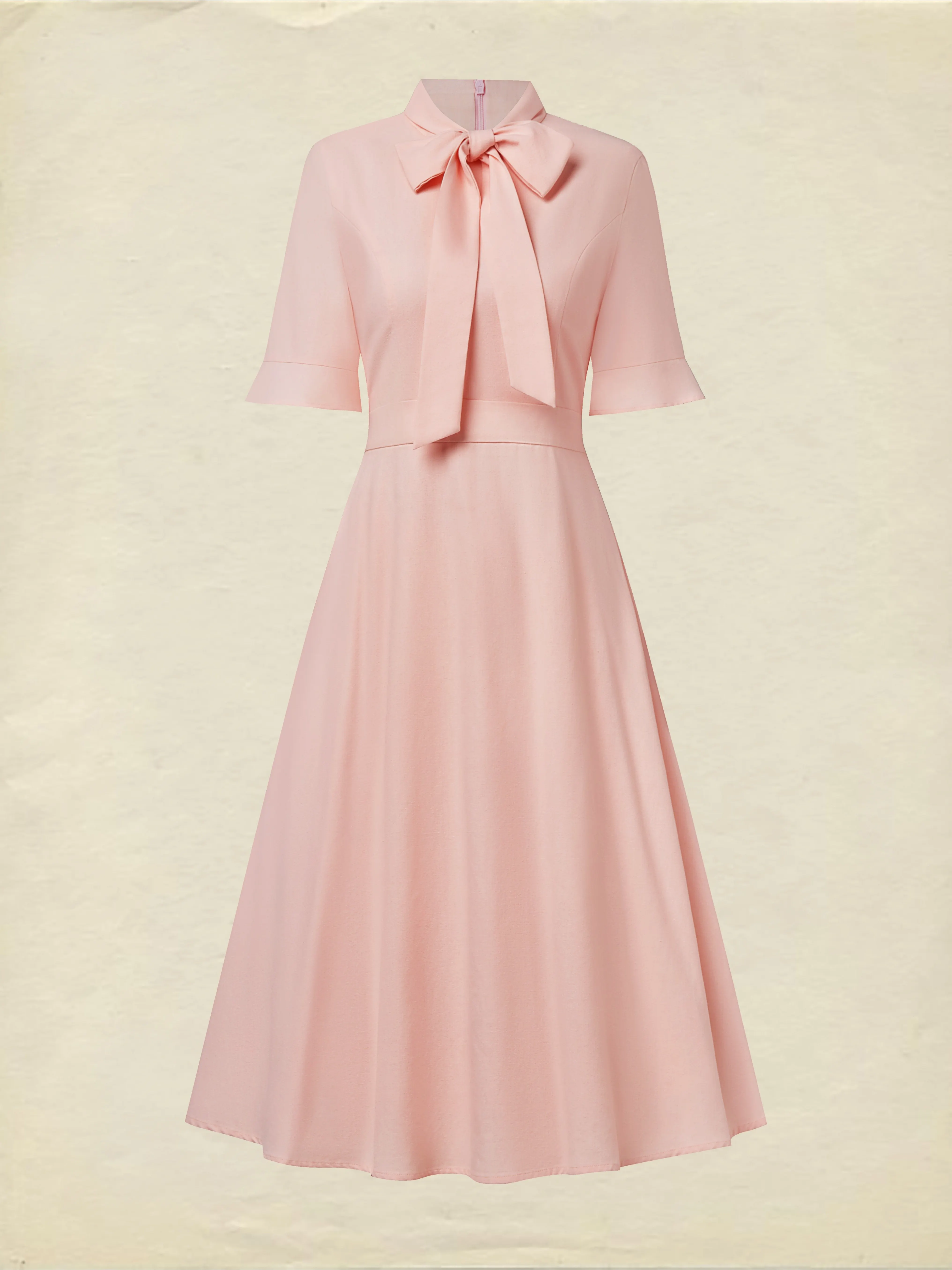 Midi Linen Dress , Half Sleeve, Round Neck, Plain, Bow, French Vintage, Light Pink - Light Pink