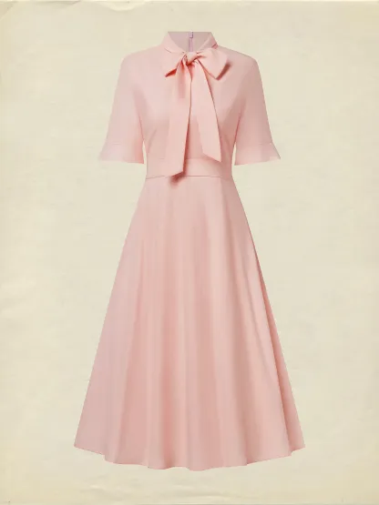 Midi Linen Dress , Half Sleeve, Round Neck, Plain, Bow, French Vintage, Light Pink - Light Pink