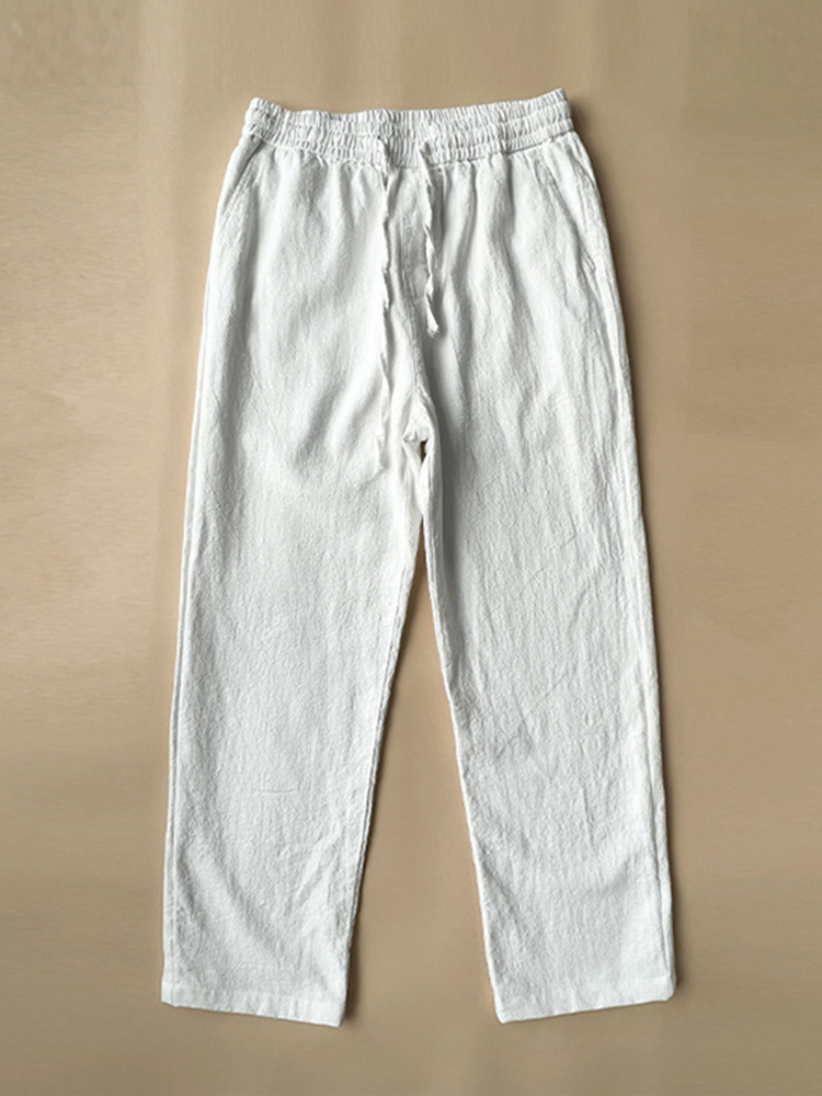 Men's Vintage Elastic Waist Drawstring Casual Cotton Linen Pants - Black