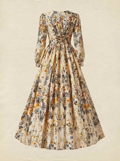 Linen Maxi Dress, Long Sleeves, V Neck, Floral, Apricot,Daily - Light Khaki