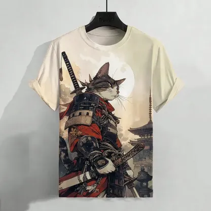 Men's Cat Warrior Guard With Knife Art Print T-shirt - Khaki