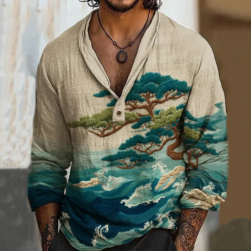 Men's Vintage Japanese Wave Pine Art Print Long Sleeve Linen Blend Shirt - Khaki