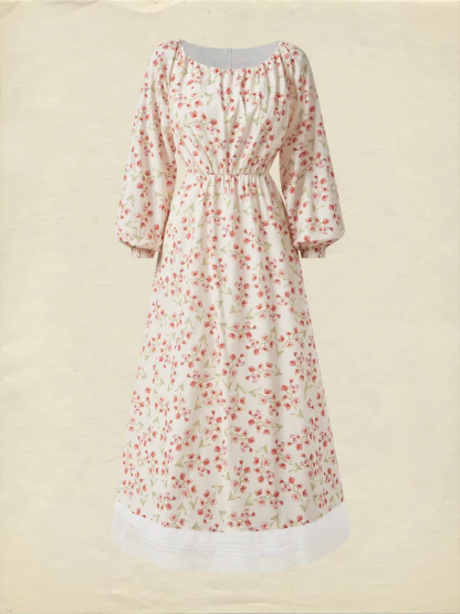 Cotton And Linen Floral Regular Fit Long Sleeve Elegant Dress, Pink - Pink