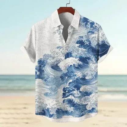 Men's Waves Watercolor Art Print Short Sleeve Shirt - White