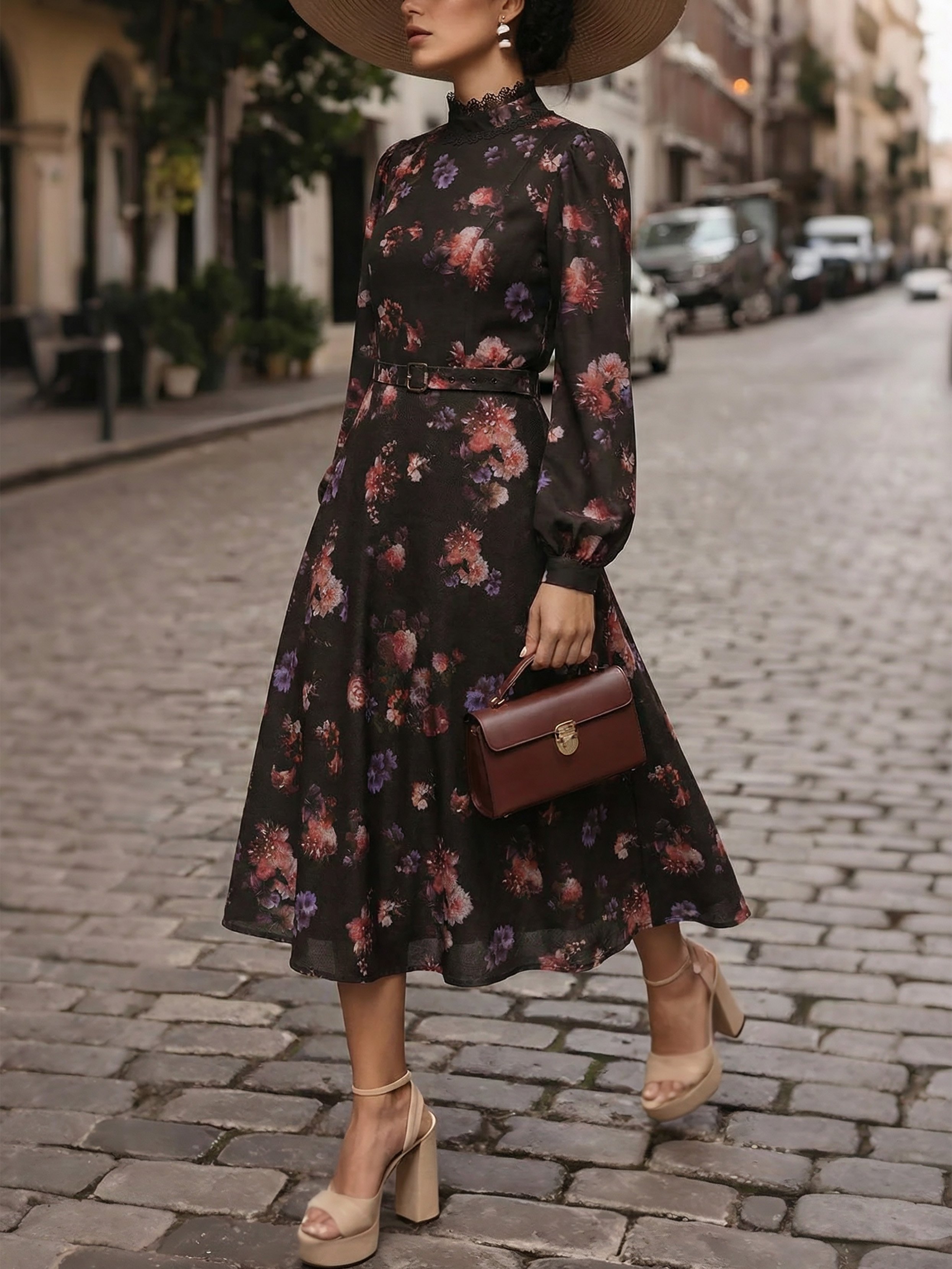 Maxi Cotton Skirt, Floral, Belt Design, Vintage, Black - Black