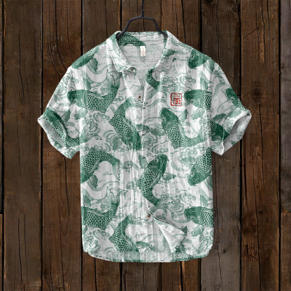 Vintage Fish Japanese Art Linen Blend Comfy Shirt - Red
