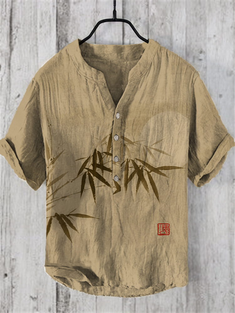 Bamboo & Moon Japanese Art Linen Blend Shirt - Blue