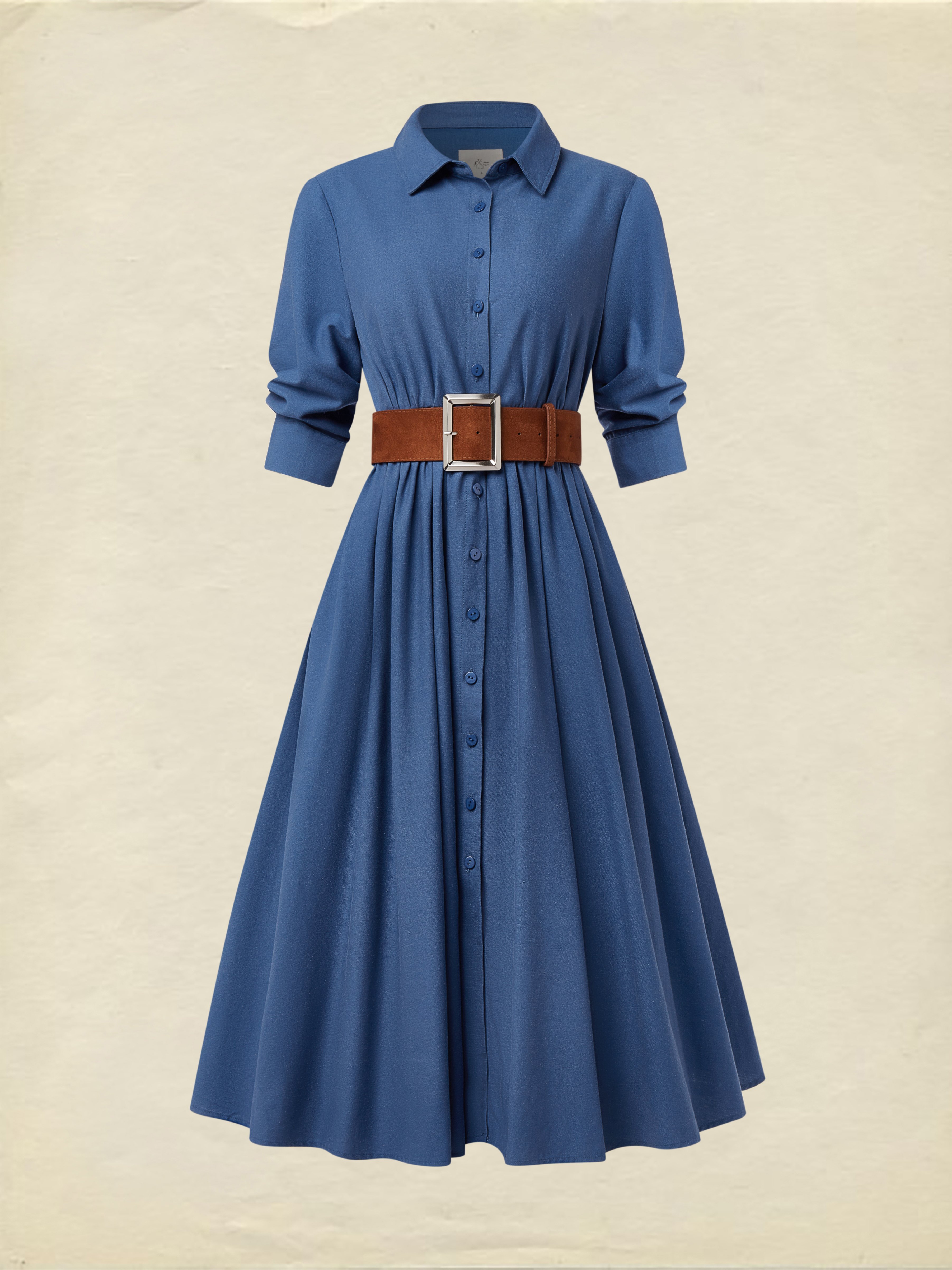 Midi Linen Dress, Half Sleeves, Shawl Collar, Plain, Button Design, Vintage, Dark_blue - Dark_blue