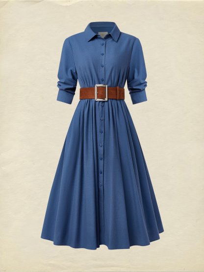 Midi Linen Dress, Half Sleeves, Shawl Collar, Plain, Button Design, Vintage, Dark_blue - Dark_blue