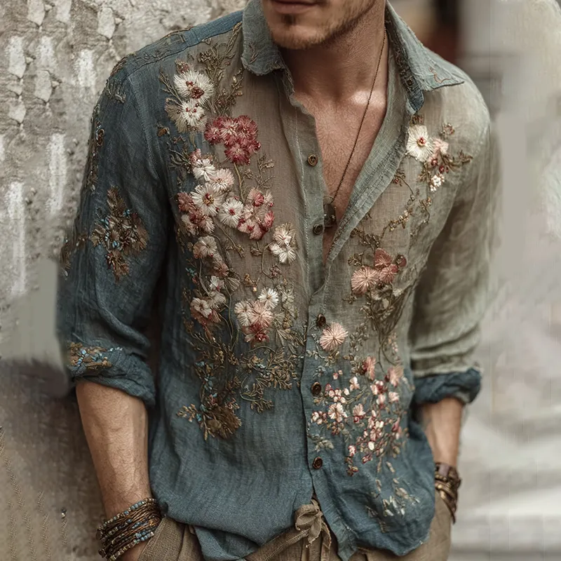 Men's Vintage Flower Embroidery Art Linen Blend Shirt - Navy blue