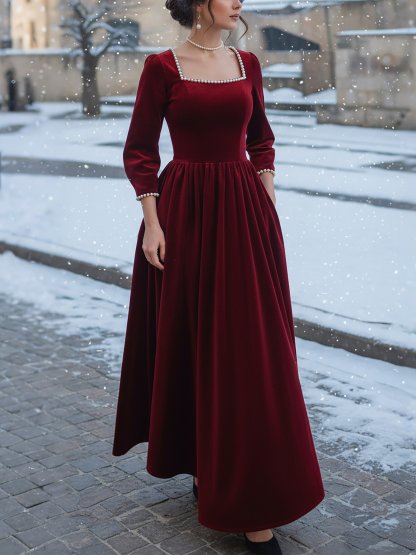 Maxi Cotton Dress, Half Sleeve, Square Neck, Plain, Pocket Design, Vintage, Red - Red