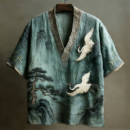 Japanese Crane Landscape Painting Art Linen V-neck Shirt - Blue