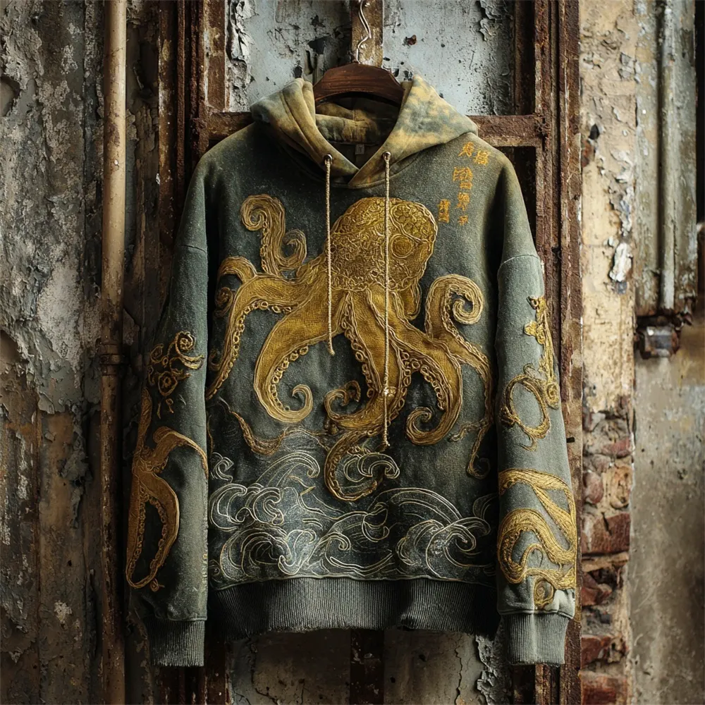 Japanese Ocean Octopus Art Men's Vintage Hoodie - Green