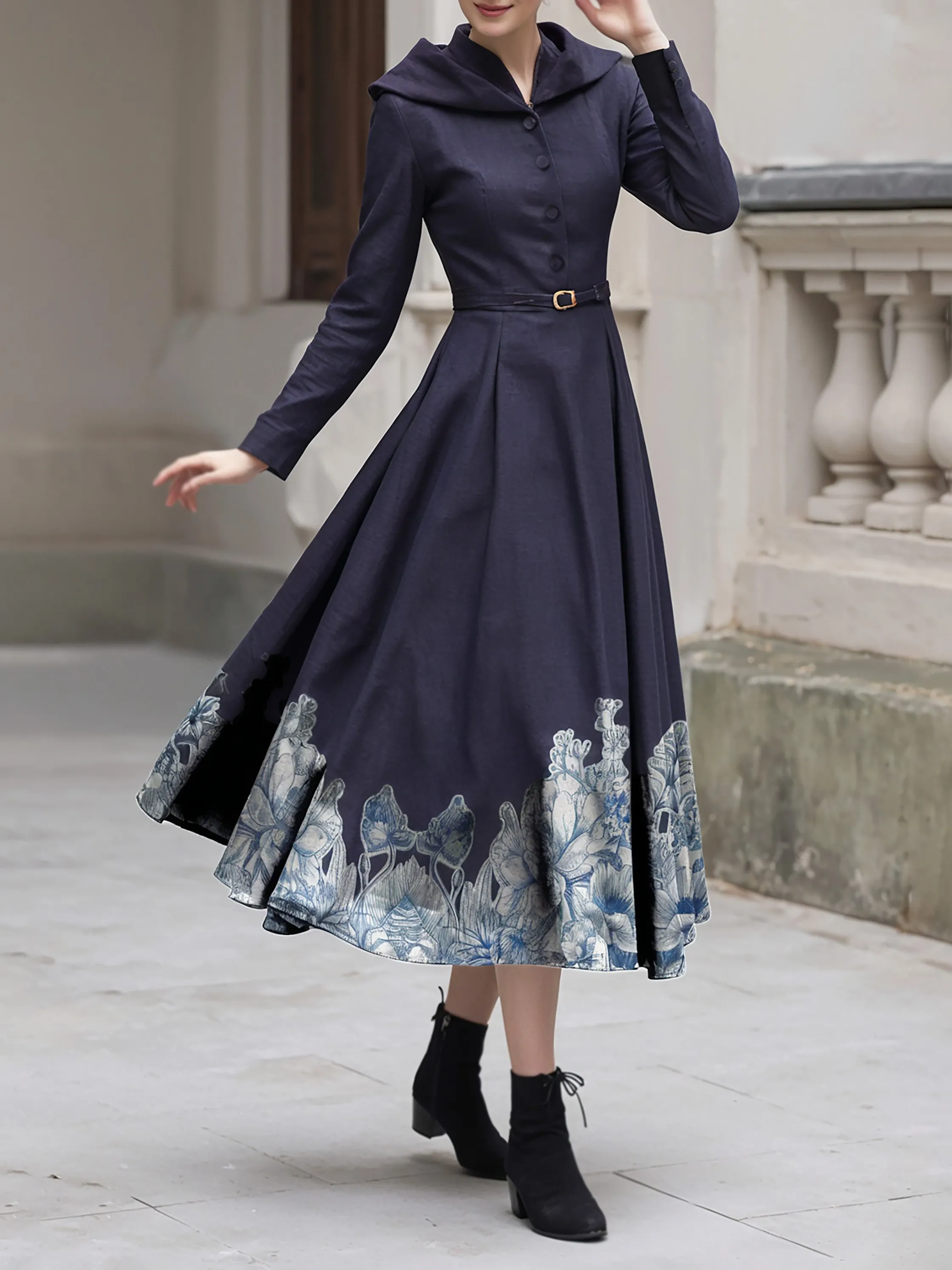 Midi Cotton Dress, Long Sleeves, Stand Collar, Floral, Button Design, Vintage, Deep Purple - Deep Purple