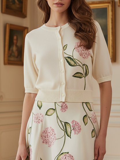 Linen Cardigan, Half Sleeve, Round Neck, Floral, Button Design, Vintage, White - White