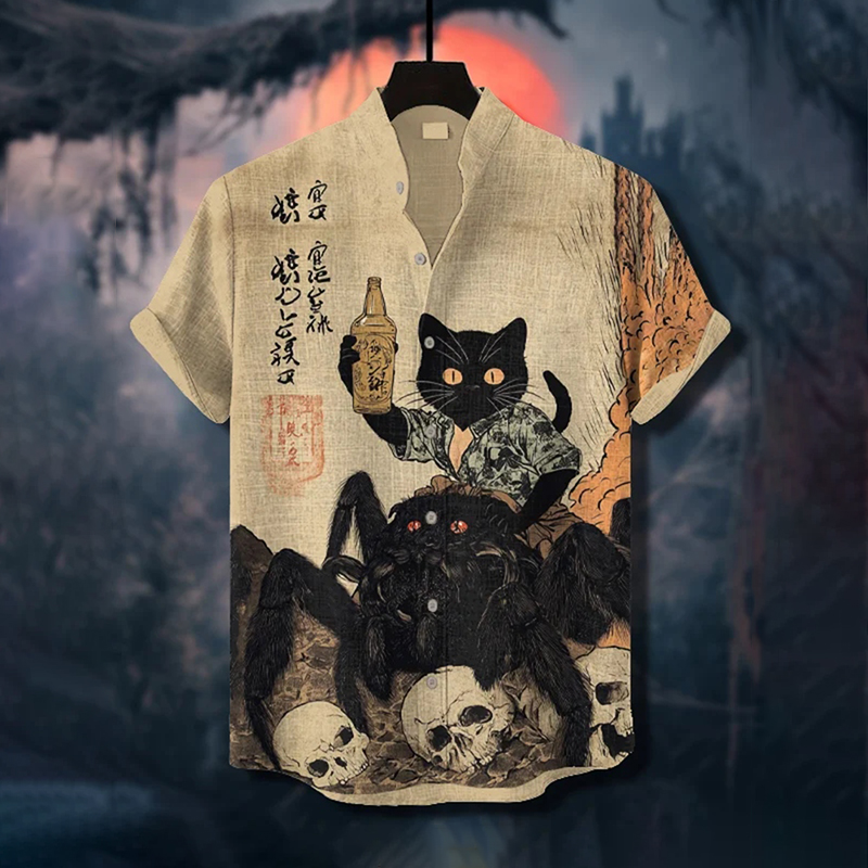 Men's Retro Japanese Calligraphy Art Black Cat And Spider Print Short Sleeve Shirt - Khaki