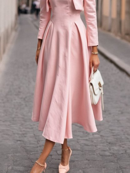 Midi Cotton Set, Long Sleeves, Round Neck, Plain, Vintage, Light Pink - Light Pink