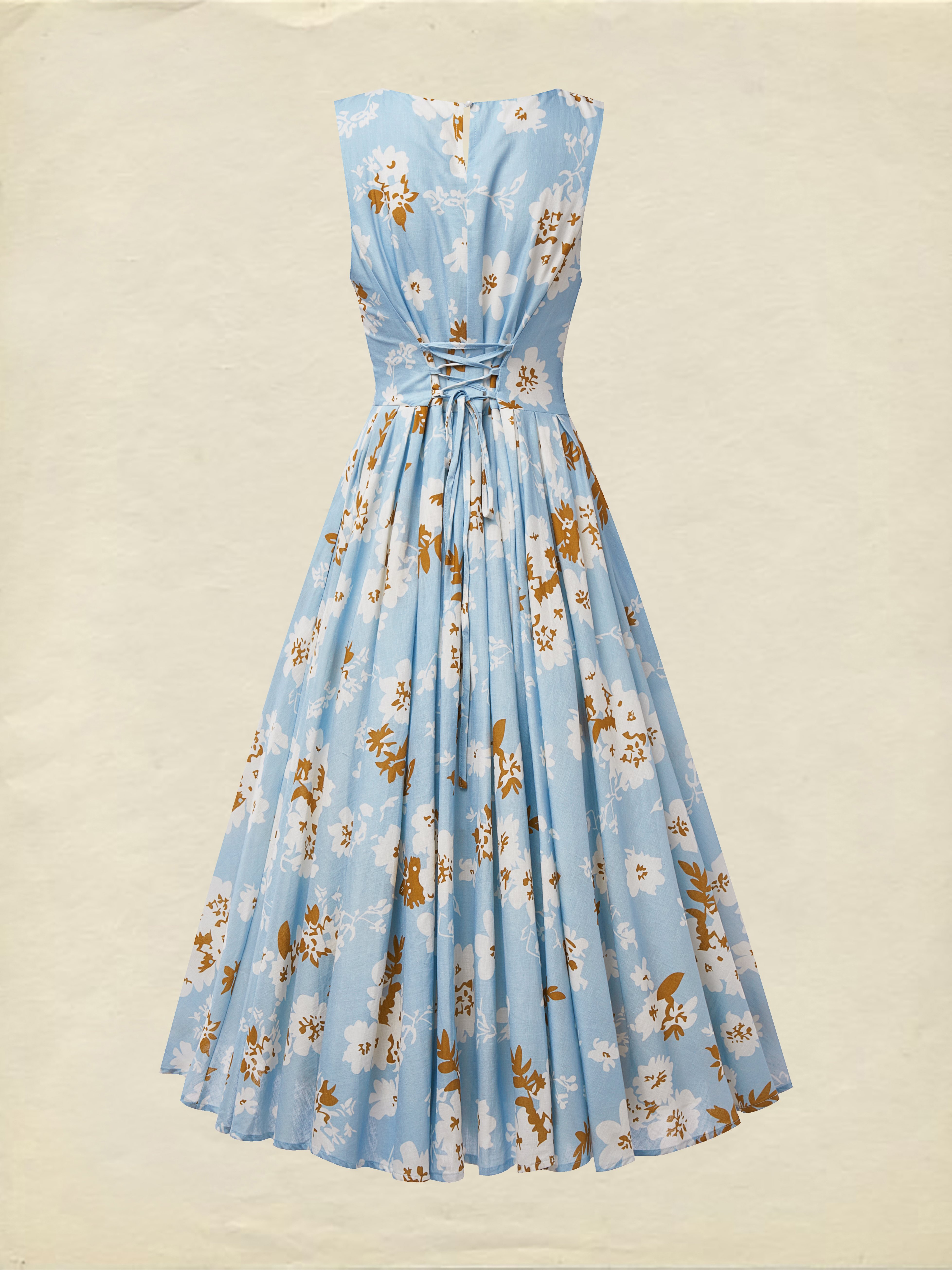 (SIZE:XS-XXL) Midi Linen Dress, Sleeveless, Round Neck, Floral, Pocket Design, Vintage, Blue - Blue