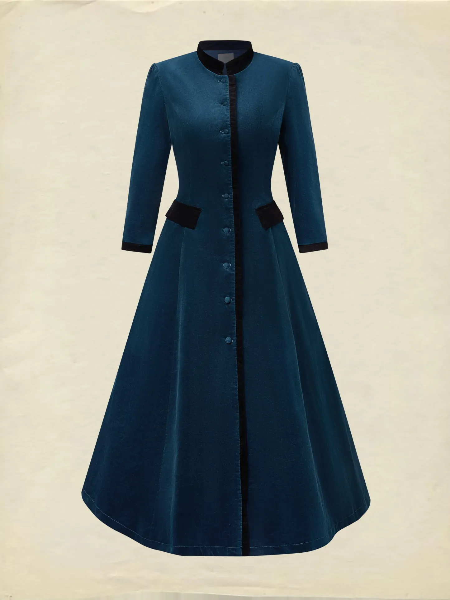 Midi Cotton Dress, Half Sleeve, Stand Collar, Plain, Button Design, Vintage, Deep Blue - Deep Blue