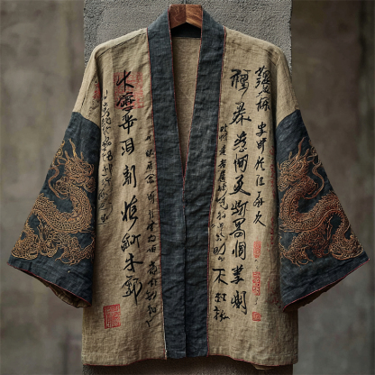 Japanese Golden Dragons Calligraphy Art Contrast Linen Kimono - Beige
