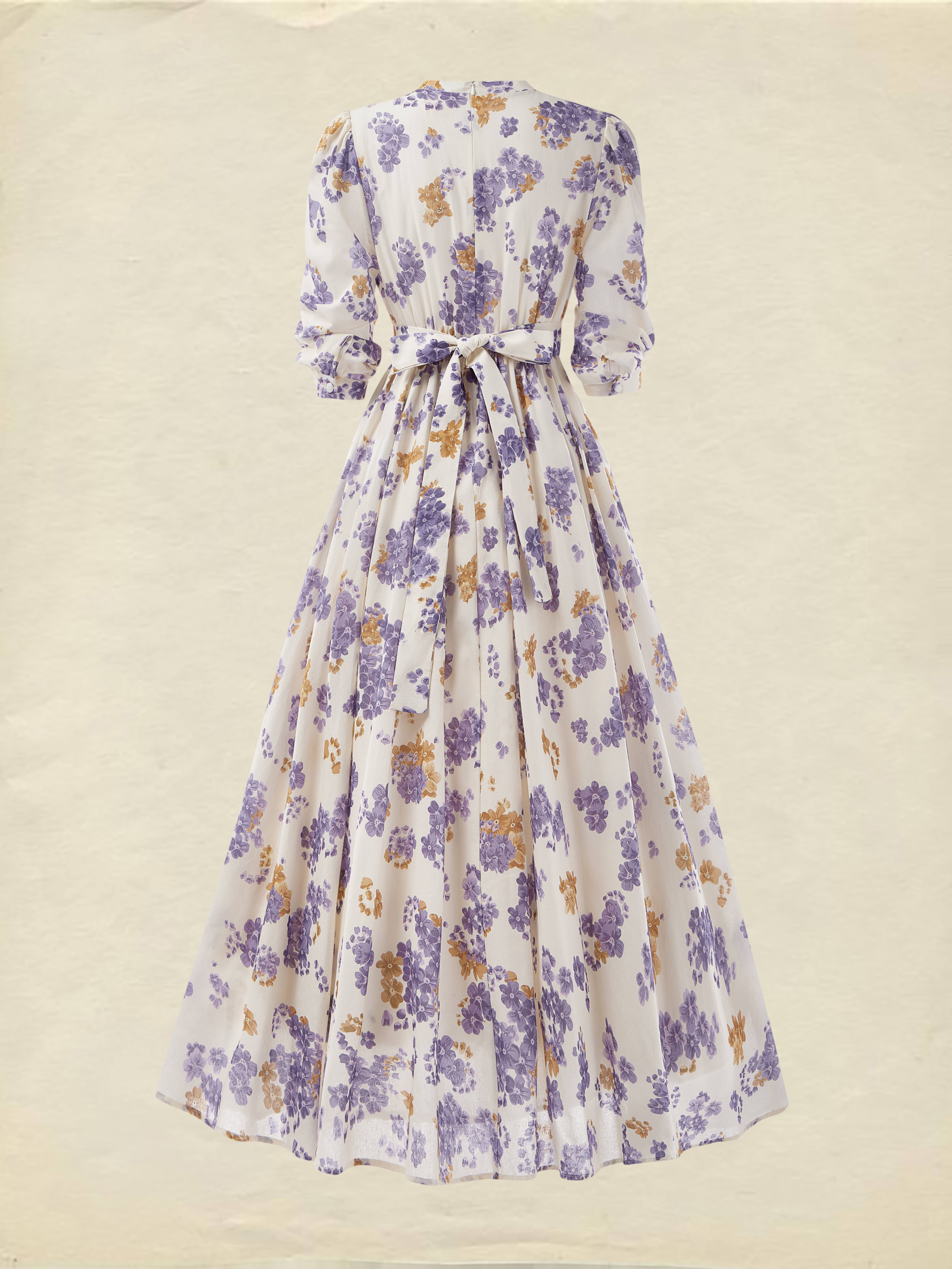 Maxi Linen Dress, Casual, Floral, Pocket Stitching, Crew Neck, Belt, Half Sleeve, Purple, Vintage - Purple