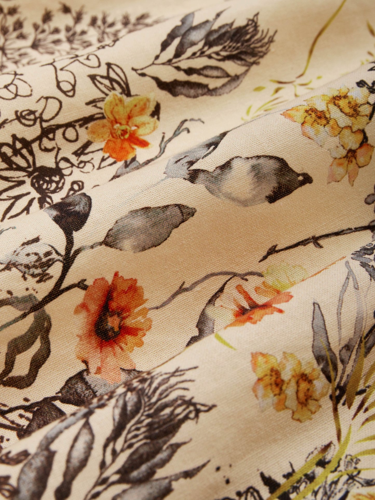 Linen Maxi Dress, Half Sleeve, V neck, Floral, Vintage, Summer - Light Khaki