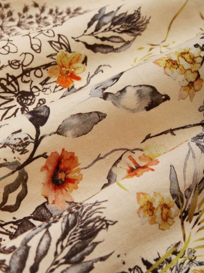 Linen Maxi Dress, Half Sleeve, V neck, Floral, Vintage, Summer - Light Khaki
