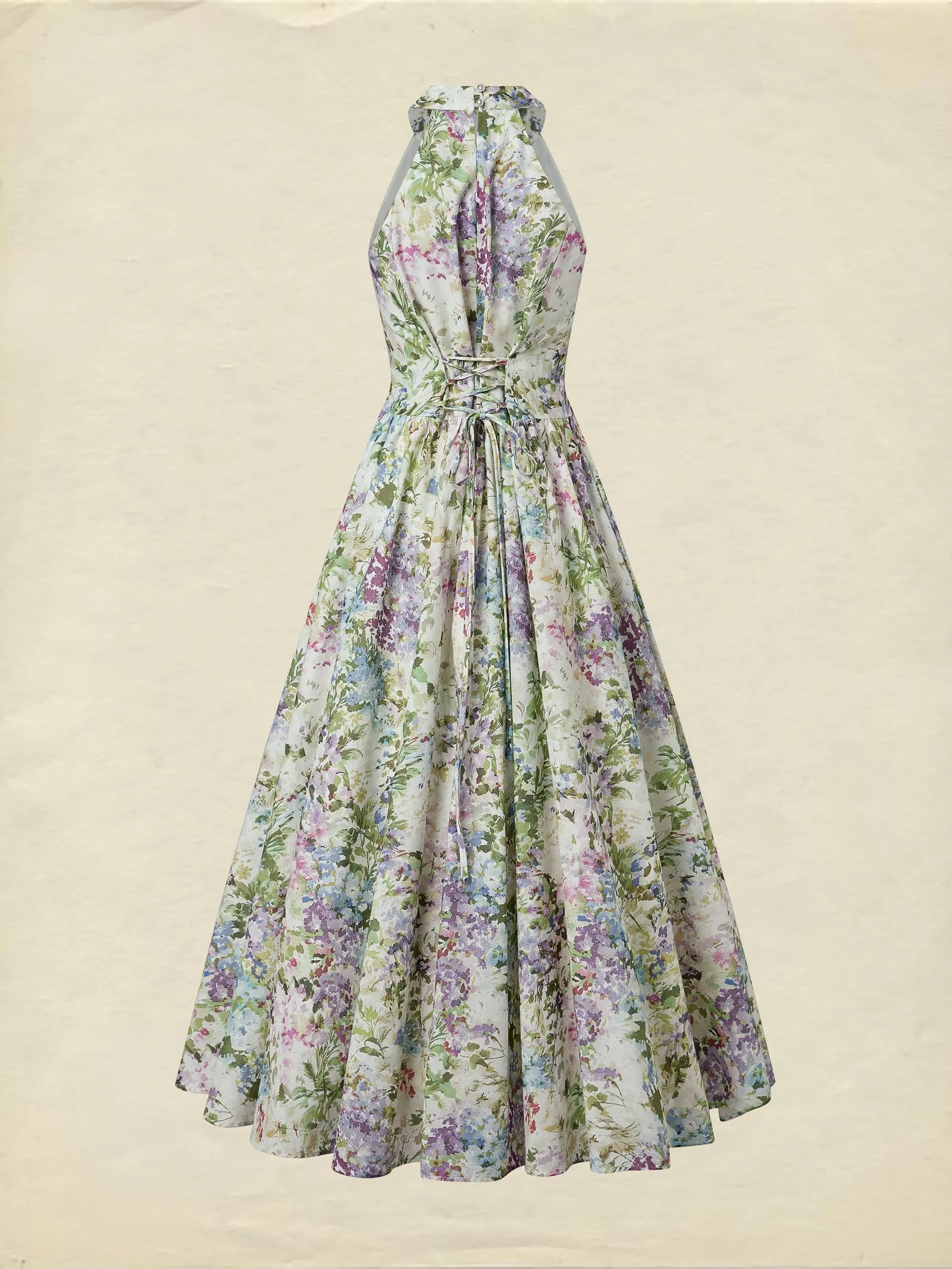 Maxi Cotton Dress, Sleeveless, Halter, Floral, Vacation, Vintage, White - White
