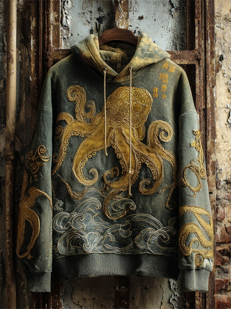 Japanese Ocean Octopus Art Men's Vintage Hoodie - Green