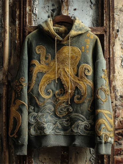 Japanese Ocean Octopus Art Men's Vintage Hoodie - Green