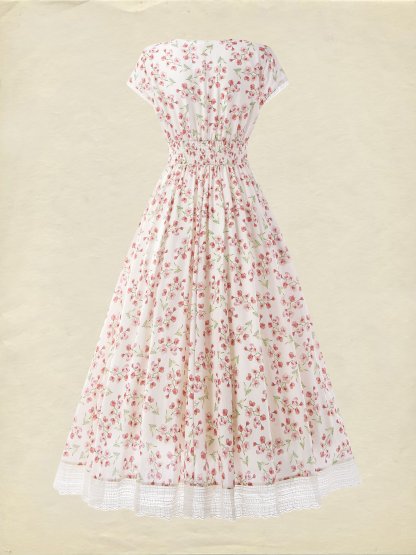 (SIZE:XS-XXL) Linen Maxi Dress, Short Sleeve, Lace Collar, Floral, Vintage, White - White