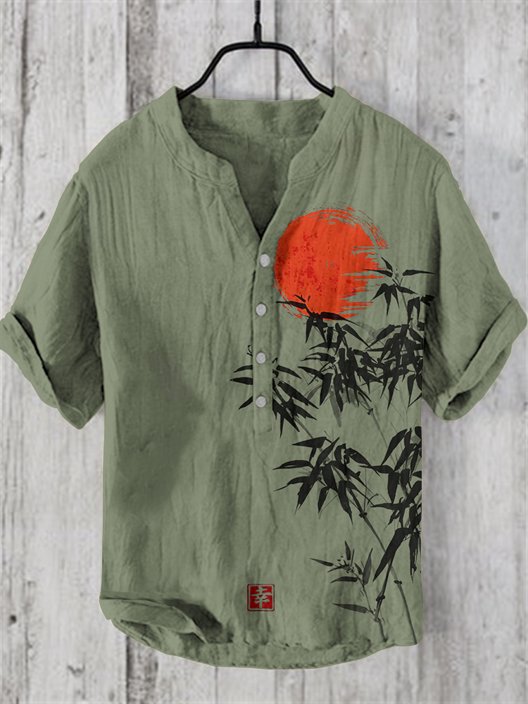 Japanese Bamboo Forest And Red Sun Art Linen Casual Shirt - Grey