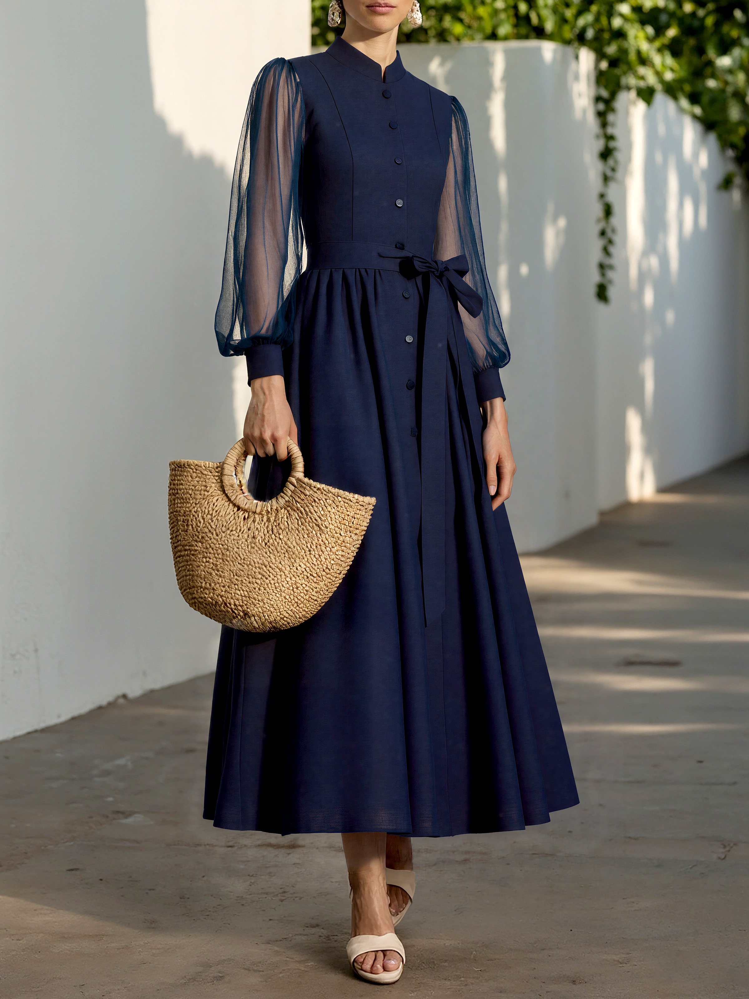 Maxi Cotton Dress, Long Sleeves, Stand Collar, Plain, Belt Design, French Vintage, Blue Purple - Blue Purple