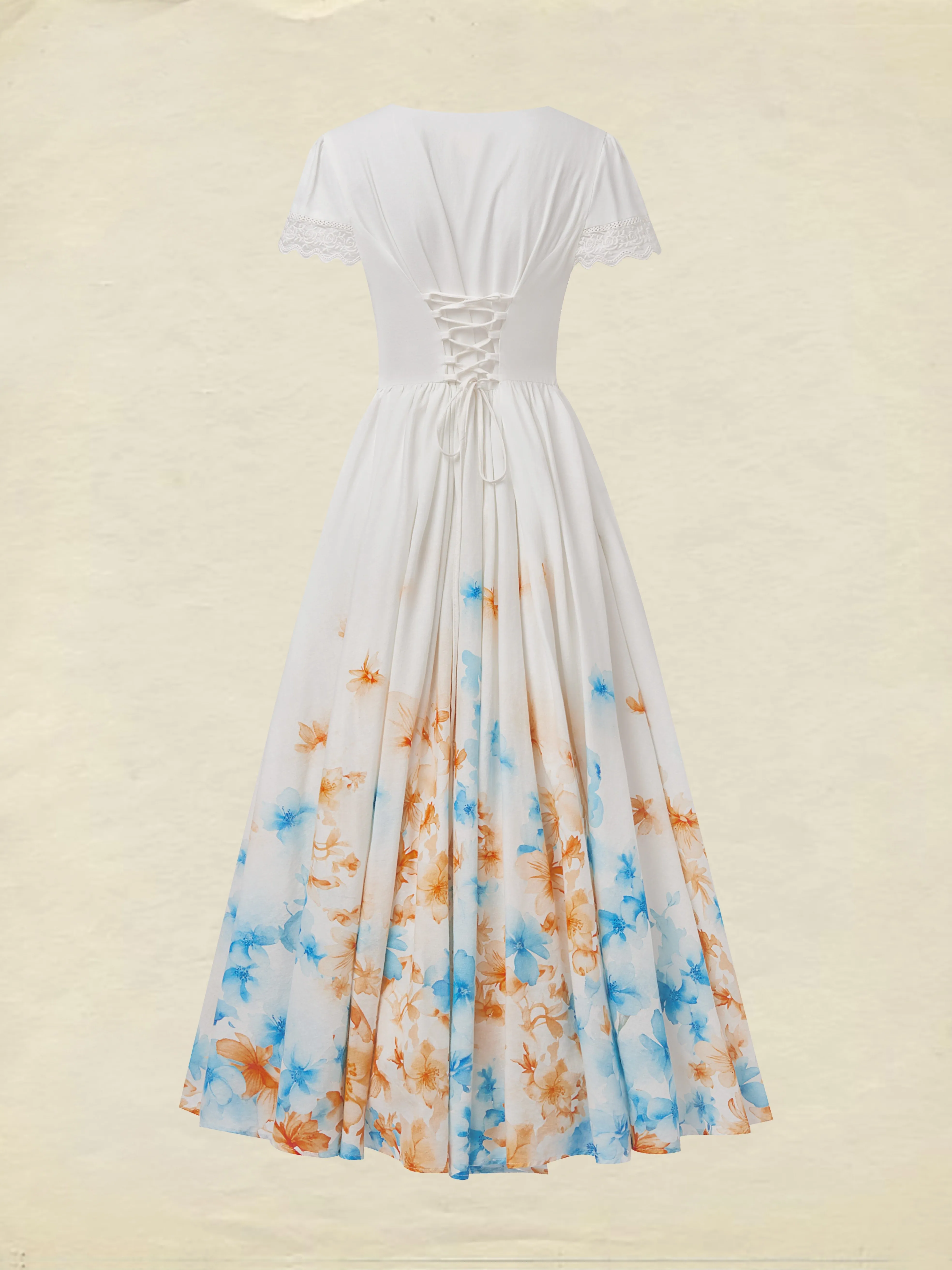 Linen Maxi Dress, Short Sleeve, Lace Collar, Floral, Vintage, White - White