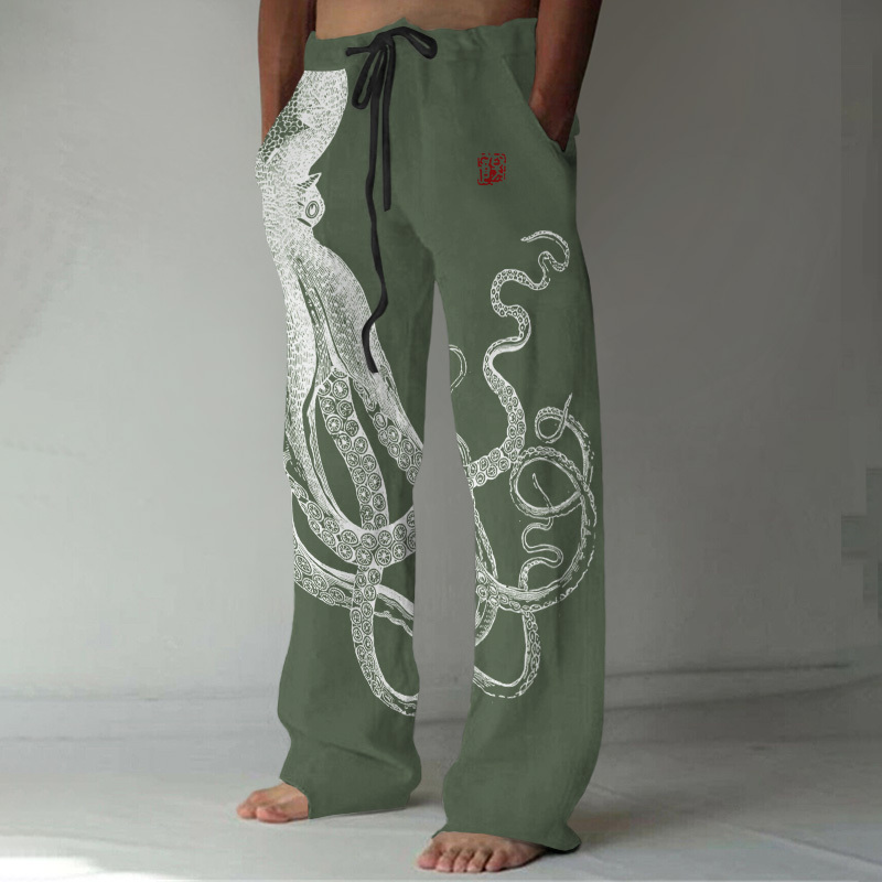 Japanese Art Octopus And Crab Print Casual Linen Blend Pants - Black