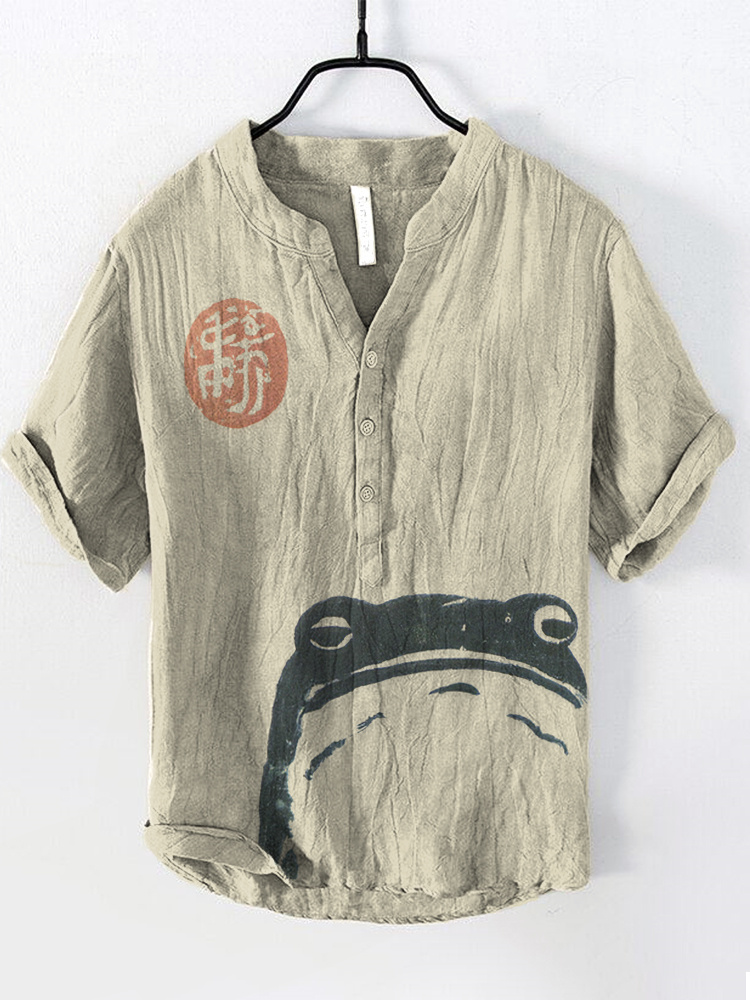 Japanese Art Frog Print Cozy Cotton Linen Shirt - Army Green